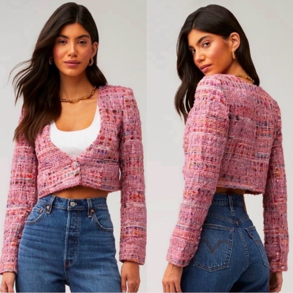 For Love And Lemons Pink Dionne Tweed Cropped Blazer Jacket Sequin Medium